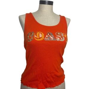 Express Womens Small Orange Sequined Cotton Ribbed Tank Top! 2000s Summer Beach